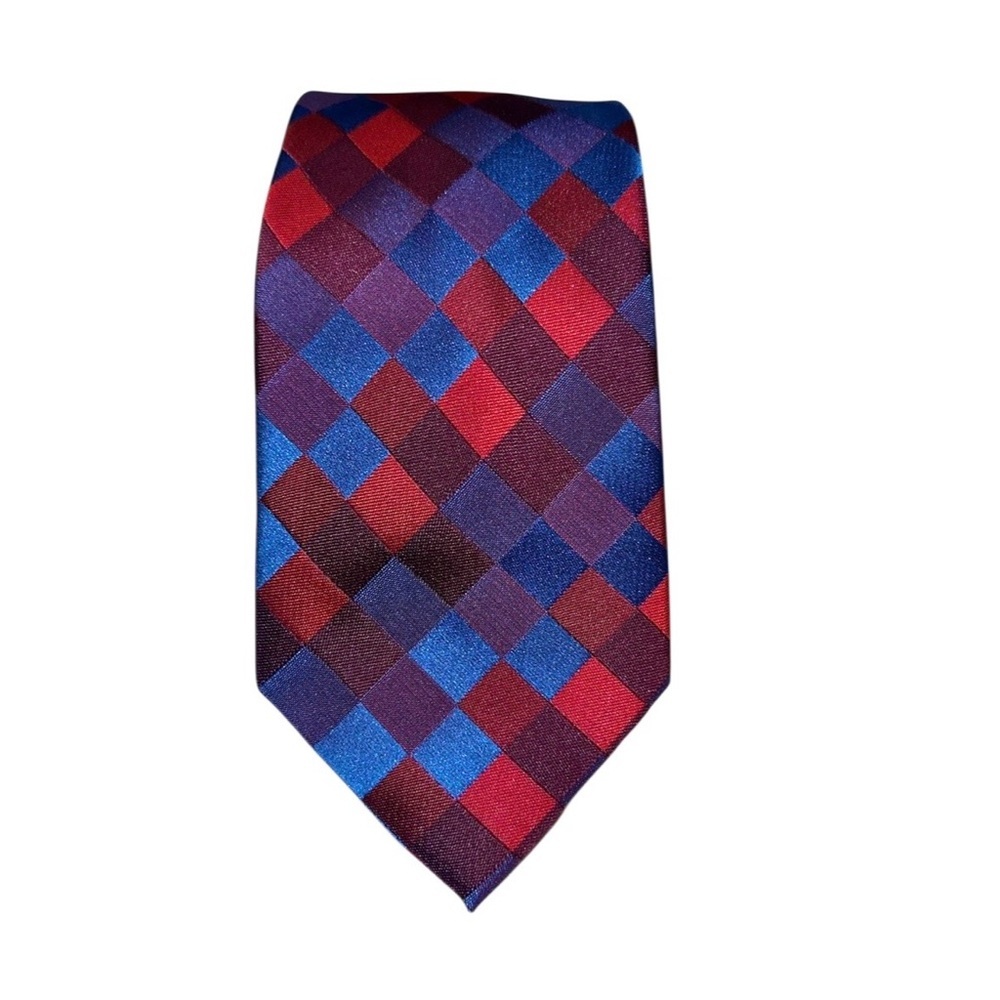 IMANI UOMO Mens Tie 100% Silk Touch Microfiber Argyle Red & Blue 63x3.5” LONG